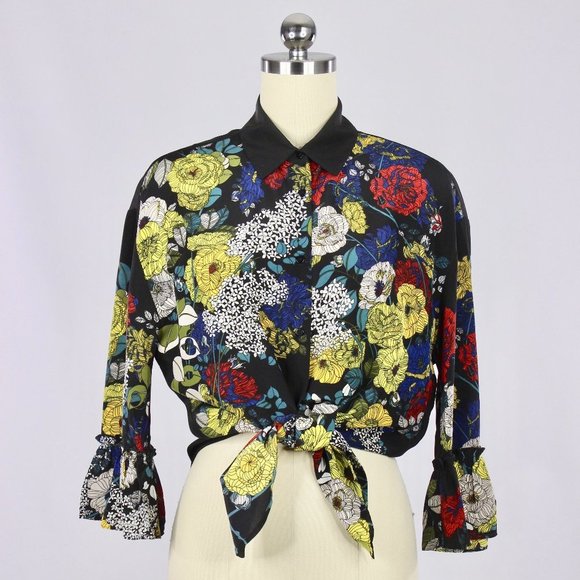 SANDRO Black Floral Print Silk Crepe Button Up Collared Shirt Blouse - Picture 6 of 16